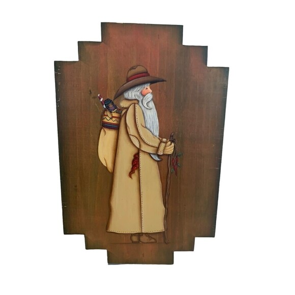 Vtg Southwest Folk Art Santa Claus Cut Wood Christmas Wall Plaque Hanging Sign